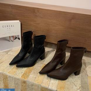 韩版法式瘦瘦裸靴女靴配裙子短靴粗跟高跟靴女款靴子春夏款短筒靴