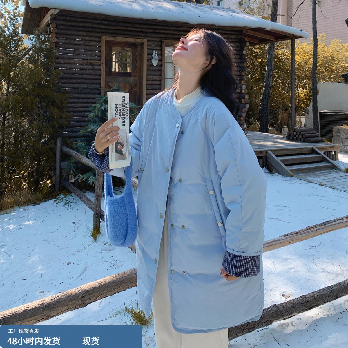 韩系蓝色休闲风羽绒服女冬加厚中长款小个子今年流行爆款羽绒外套