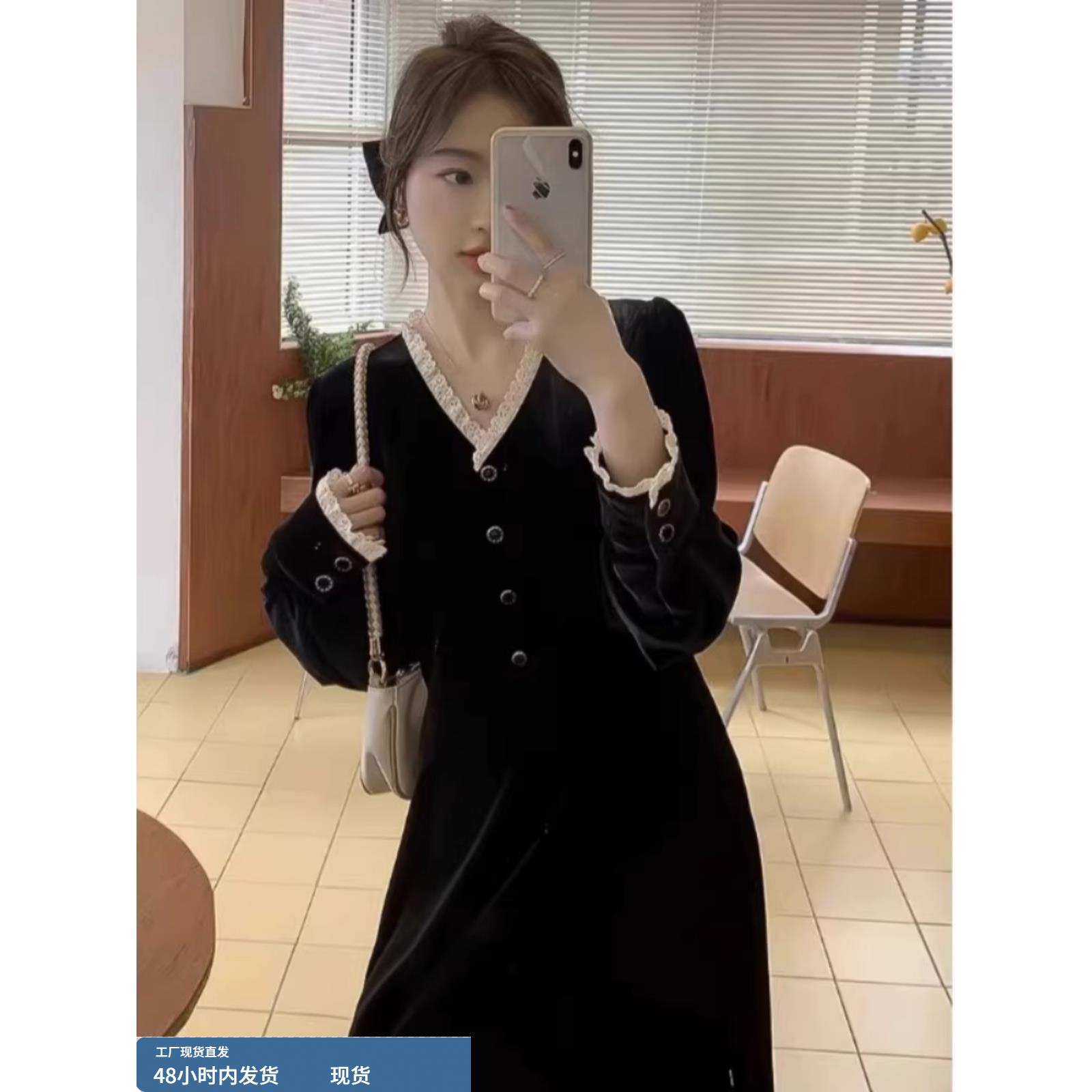 加码女士腰围修身Look金色丝绒连衣裙女士秋冬肥妹盖腹赫本式底裤