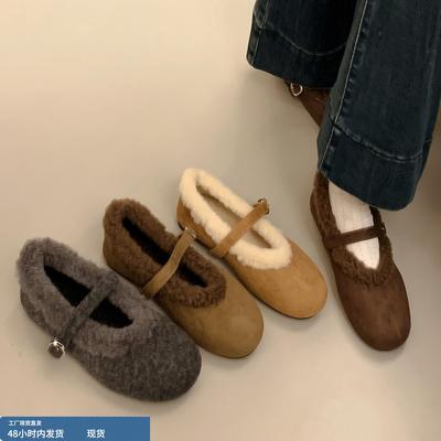 3CM内增高灰色毛毛鞋女外穿2025年冬季新款复古加绒棉玛丽珍鞋子