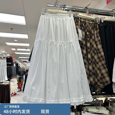 木耳边A字大摆裙女2026春季新款甜美风蝴蝶结蕾丝拼接半身裙1619M