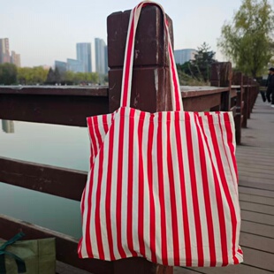 超大纯棉帆布袋布袋子购物袋单肩背蓝红竖条纹环保袋装快递买菜袋
