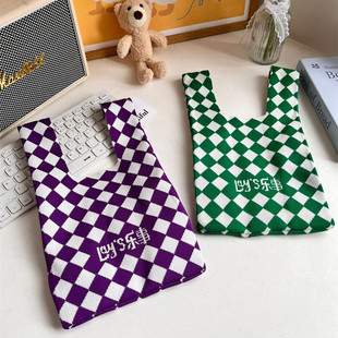 出法国饭盒袋便当包小号购物环保袋新款毛线针织格子遛弯手提袋