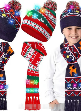 kids Knitted cap Christmas Hat Scarf Set LED Light girls boy