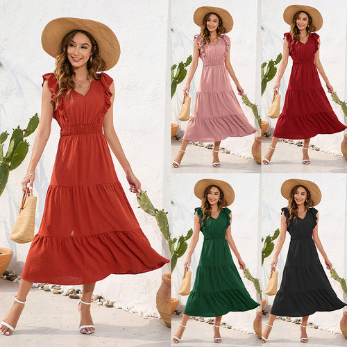women's V-neck high waisted cake long dress, casual dress