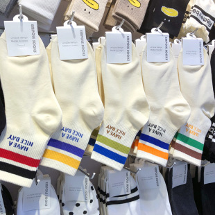 韩国进口袜子两杠字母滑板少女袜EMPOLE嘻哈运动棉袜中筒袜