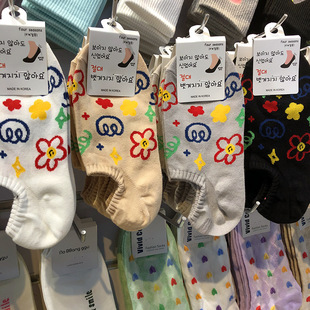 韩国船袜2023春夏新款 女生隐形袜彩色手绘笑脸花朵防脱薄棉短袜子