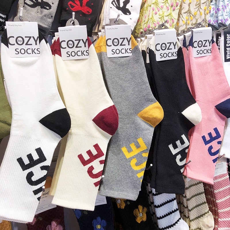 ins拼色字母女袜中筒韩国进口袜子COZY美式滑板街舞女孩运动棉袜