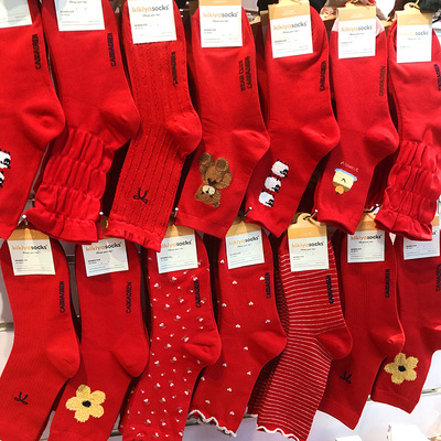 韩国kikiya进口新年红袜2026本命年大红袜子女中筒喜庆结婚长棉袜