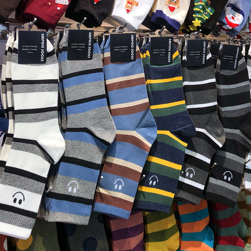 【现货】韩国进口男士棉袜EMPOLE复古撞色条纹英伦风中筒笑脸男袜