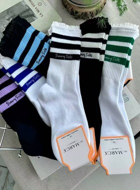 韩国东大门原创花边条纹潮流女袜 MARCA毛巾底秋冬吸汗中筒棉袜