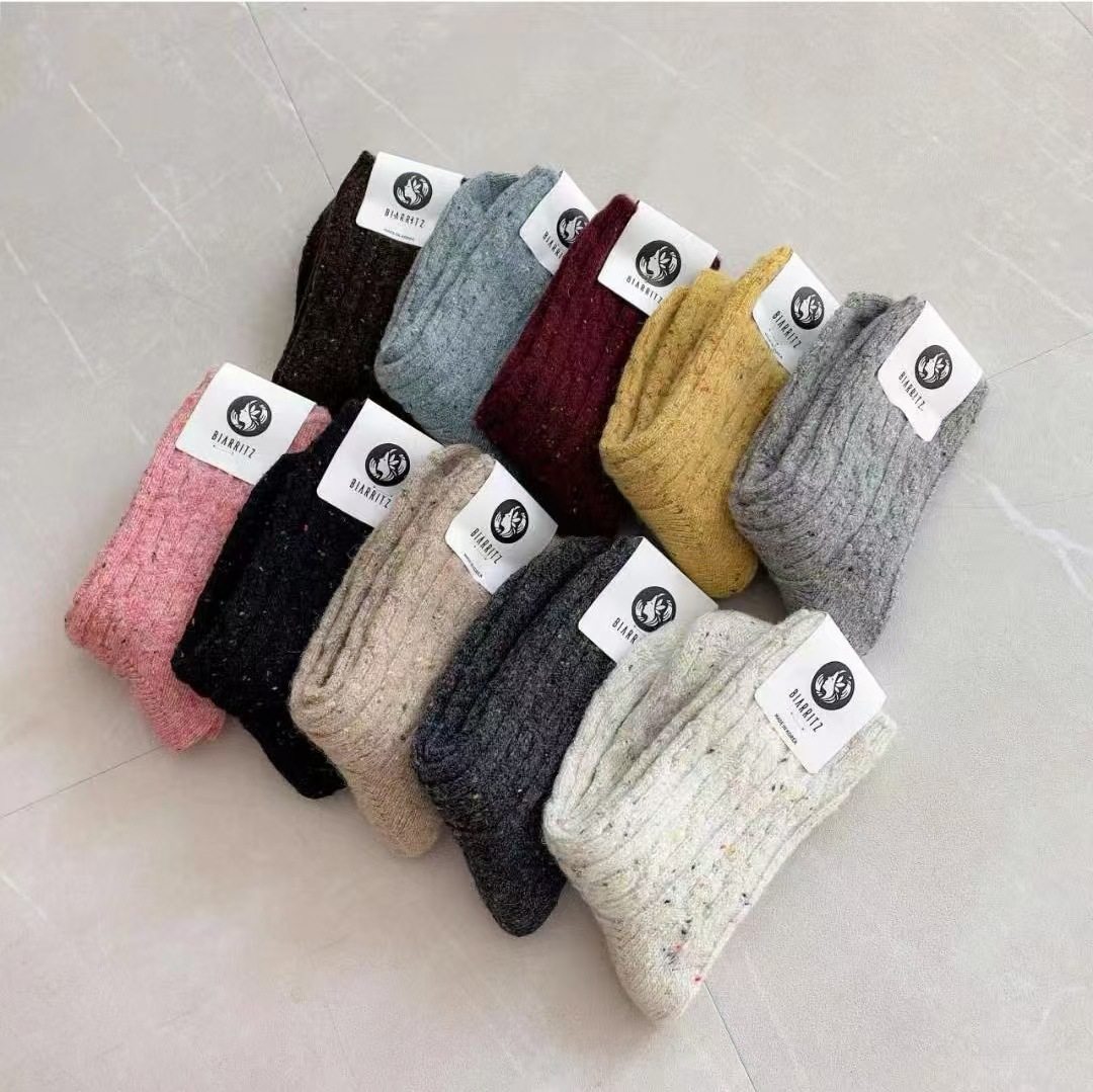 代发冬羊毛女袜复古通勤彩色点纱麻花保暖中筒袜BRARRITZ韩国