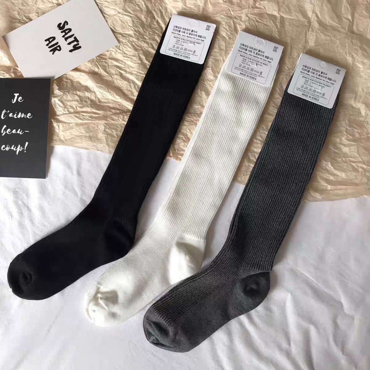 韩国袜子女globalone四季女小腿袜简约通勤纯色细坑条膝下长袜