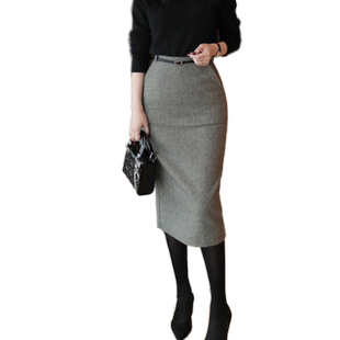 半身裙秋冬新款长裙女装毛呢冬裙高腰开叉包臀裙中长款显瘦一步裙