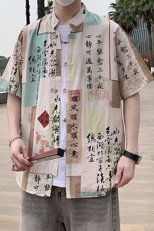 风盘扣短袖衬衫男夏季薄外套男士青年衬衣7003P40,男装T恤,电商A056