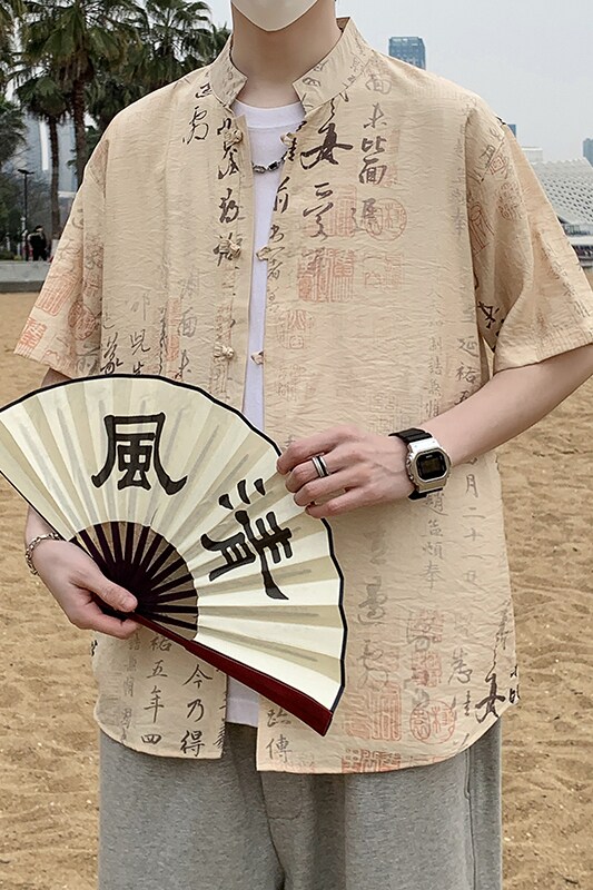 新中式春夏风男装盘扣唐装汉服短袖衬衫衬衣7012P40,男装T恤,电商A056