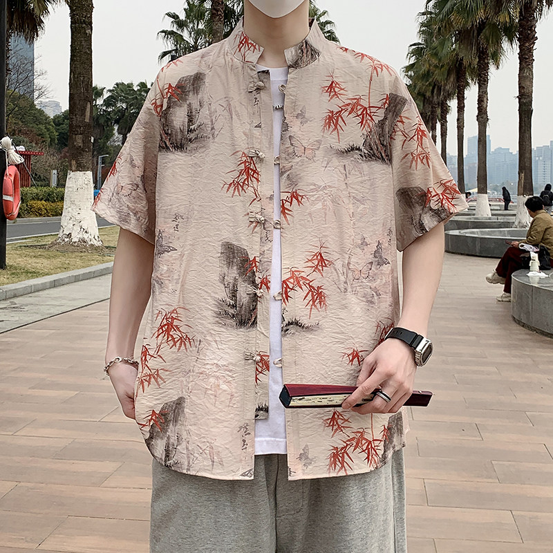 风男士夏季薄款复古盘扣汉服短袖衬衣新中式男装7008P40,男装T恤,电商A056