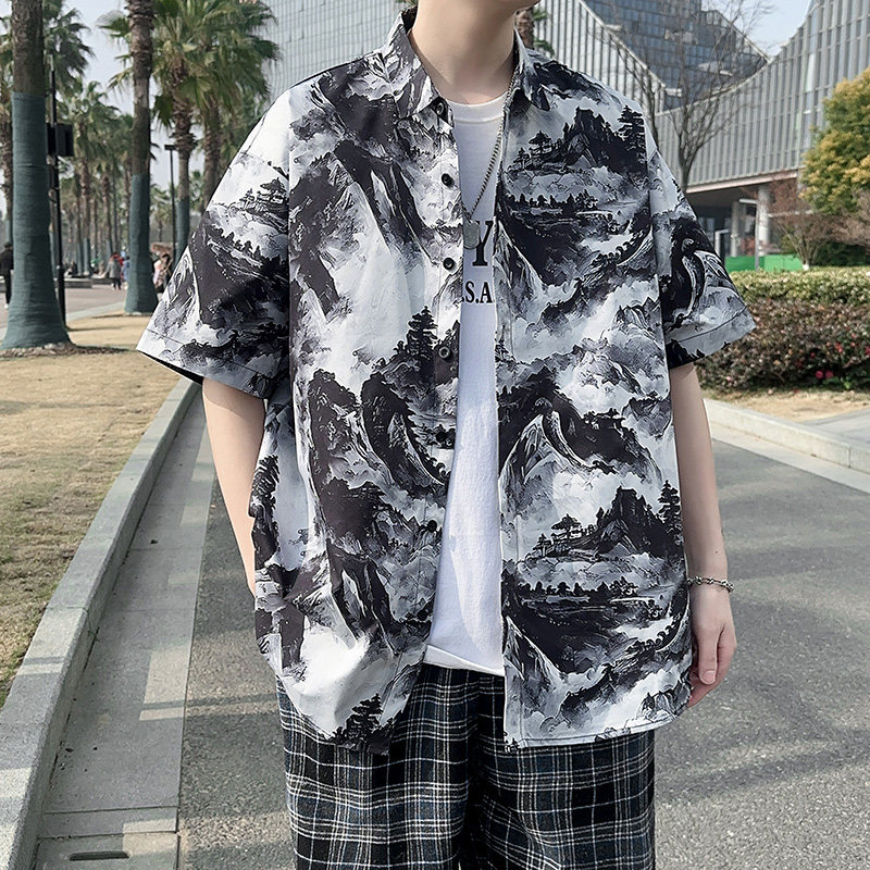 C324短袖衬衫男夏季新款港风宽松印花衬衣P35,男装T恤,电商A056