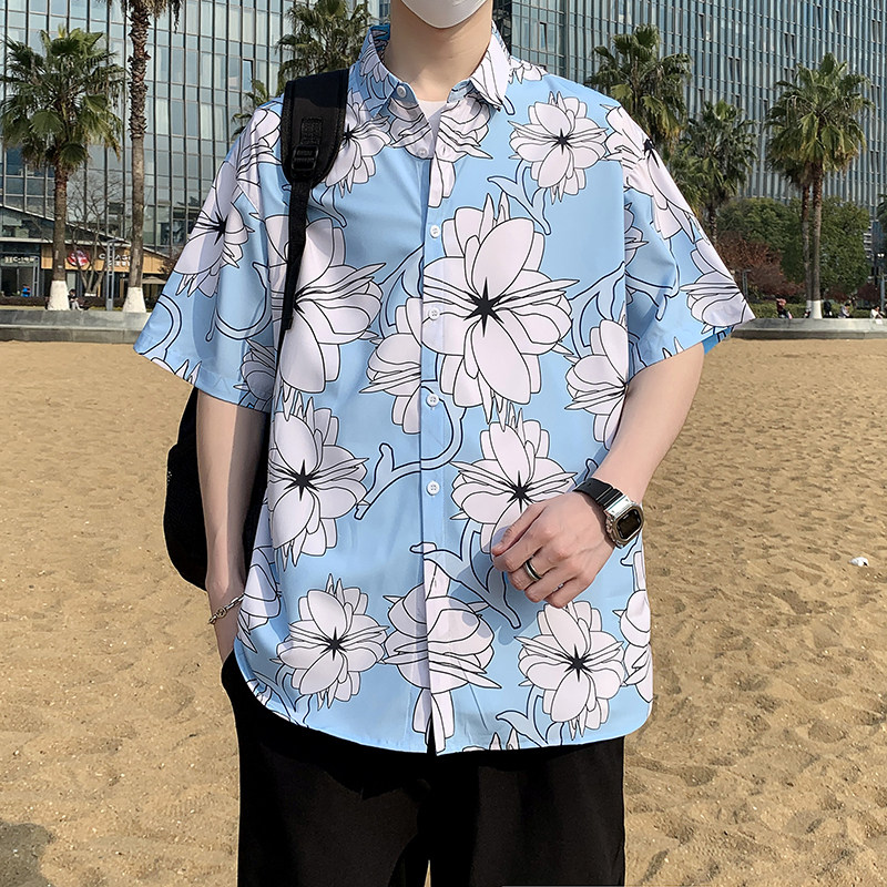 夏季短袖衬衫男士丝光棉免烫花衬衣港风男宽松印花半袖7231P35图片