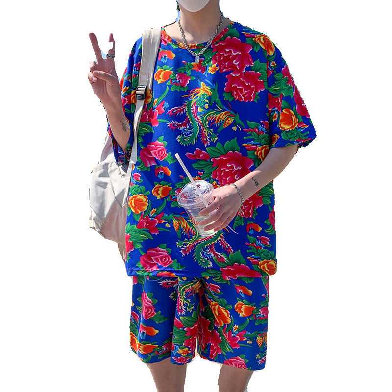 T303东北大花夏季新款男宽圆领T恤+五分裤子套装特P40,男装休闲套装,电商A056