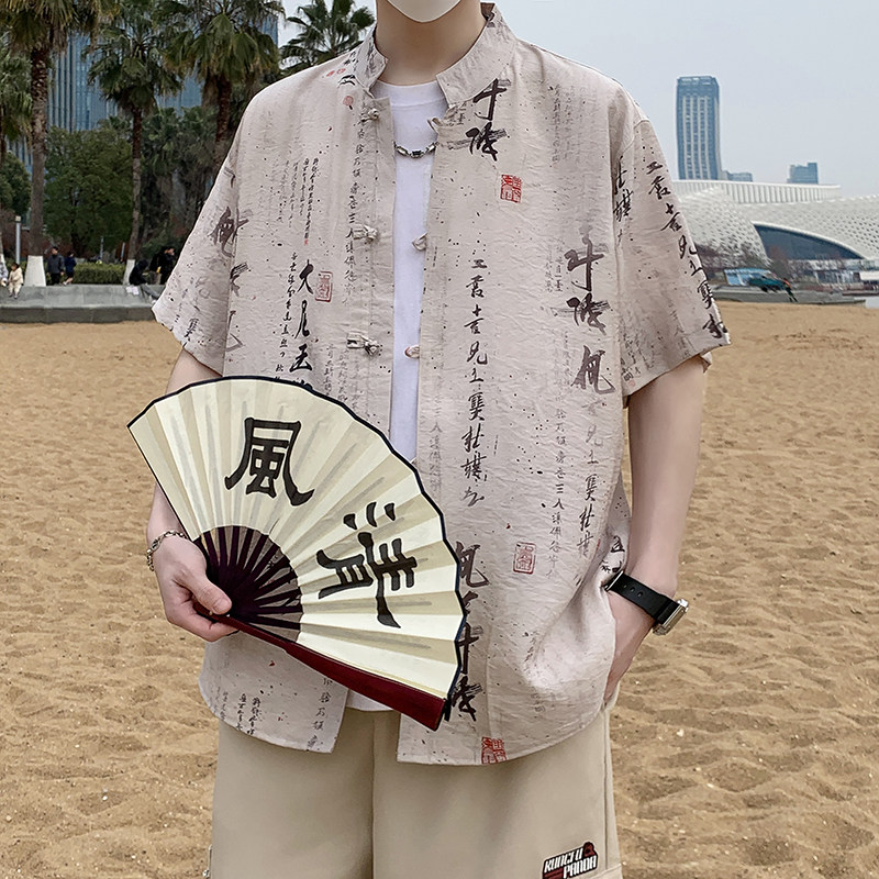 风男士夏季薄款复古盘扣汉服五分袖衬衣新中式男装7006,男装T恤,电商A056