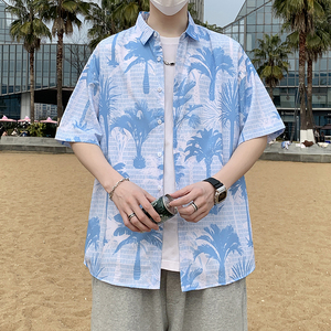 冰丝花衬衫短袖男夏威夷沙滩衬衣帅大码宽松休闲薄款外套7238P35