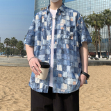 夏季新款短袖衬衫男蓝色格子时尚休闲半袖衬衣破洞7221P48，男装T恤，电商A056