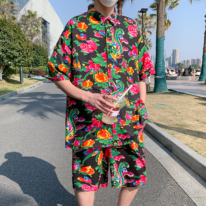 港风情侣夏装新款东北大花短袖衬衫+沙滩裤C188套装特P45,男装T恤,电商A056