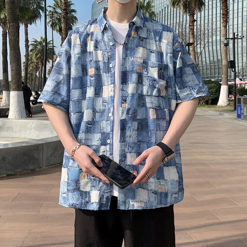 夏季新款短袖衬衫男蓝色格子时尚休闲半袖衬衣破洞7221P48,男装T恤,电商A056