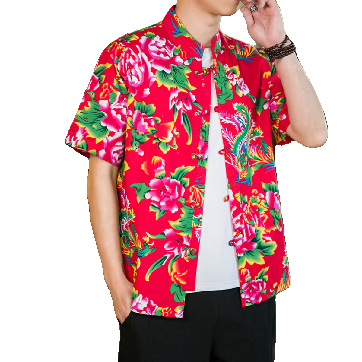 风牡丹花东北大花盘扣男休闲复古短袖潮衬衫A056-C138P35,商品下架区,电商A056