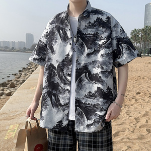 C324短袖衬衫男夏季新款港风宽松印花衬衣P35图片