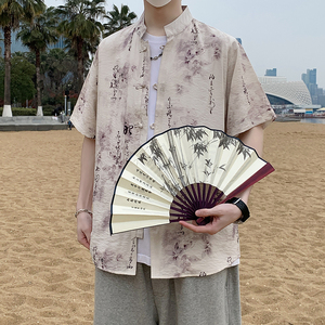 新中式春夏风男装盘扣唐装汉服短袖衬衫衬衣7011P40图片
