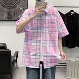 格子衬衫男士新款休闲日系短袖条纹衬衣帅气外套A056-C198P45，男装T恤，电商A056