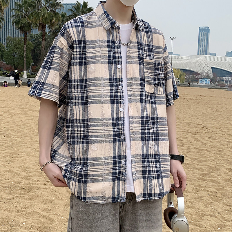 夏季新款短袖衬衫男黑色蓝色格子时尚休闲破洞半袖衬衣7222P48,男装T恤,电商A056