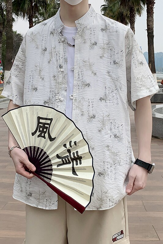 风盘扣短袖衬衫男夏季薄外套男士青年米白衬衣7005P40,男装T恤,电商A056