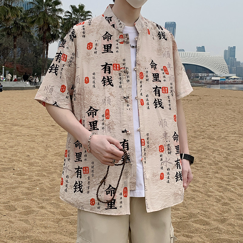 风盘扣短袖衬衫男夏季薄外套男士青年新中式衬衣7004P40,男装T恤,电商A056