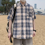 夏季新款短袖衬衫男黑色蓝色格子时尚休闲破洞半袖衬衣7222P48，男装T恤，电商A056