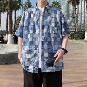 夏季新款短袖衬衫男蓝色格子时尚休闲半袖衬衣破洞7221P48图片