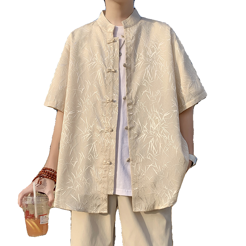 竹叶提花抖音款百搭2025春新中式短袖汉服盘扣衬衫C338P45,男装衬衫,电商A056