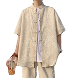 竹叶提花抖音款百搭2025春新中式短袖汉服盘扣衬衫C338P45，男装衬衫，电商A056