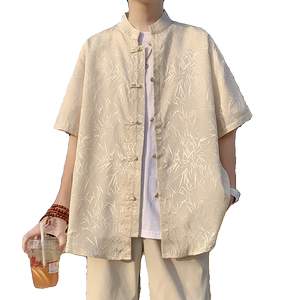 竹叶提花 抖音款 百搭2025春新中式短袖汉服盘扣衬衫C338P45图片