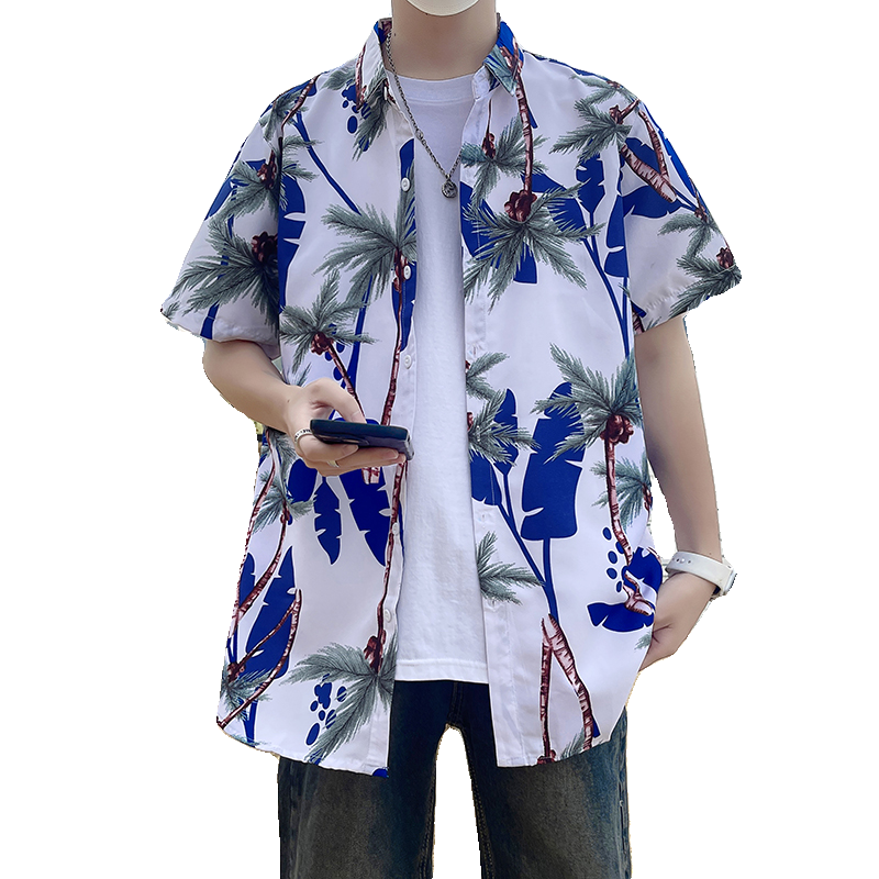 C336夏季短袖花衬衫男夏威夷风海边沙滩美式衬衣薄款透气P35,男装衬衫,电商A056