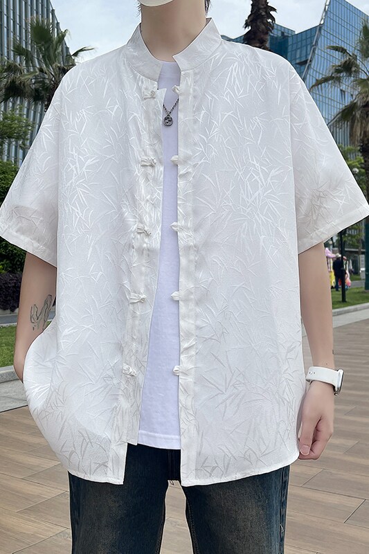 竹叶提花抖音款百搭2025春新中式短袖汉服盘扣衬衫C338P45,男装衬衫,电商A056