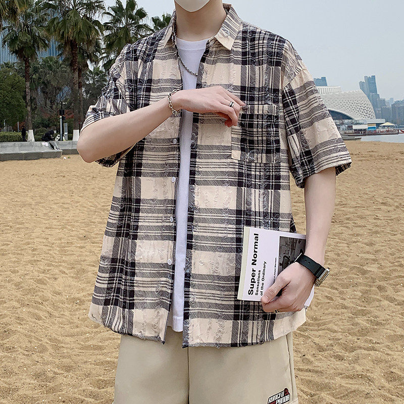 夏季新款短袖衬衫男黑色蓝色格子时尚休闲破洞半袖衬衣7222P48,男装T恤,电商A056