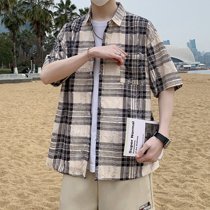 夏季新款短袖衬衫男黑色蓝色格子时尚休闲破洞半袖衬衣7222P48图片
