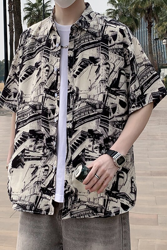 港风花衬衫短袖男女夏季夏威夷沙滩衬衣痞帅大码宽松休闲7234P35,男装T恤,电商A056