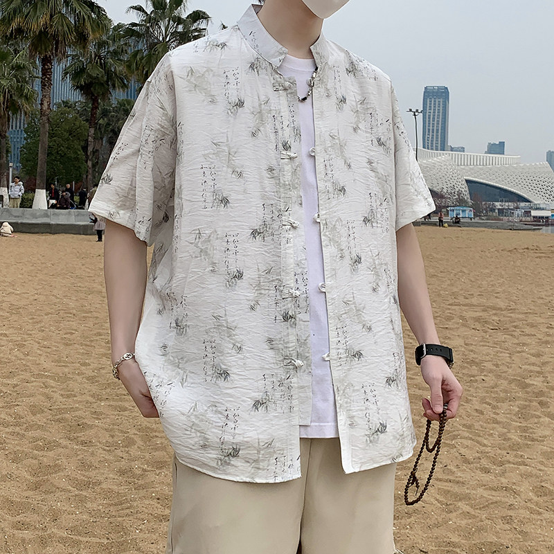 风盘扣短袖衬衫男夏季薄外套男士青年米白衬衣7005P40,男装T恤,电商A056