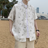 风盘扣短袖衬衫男夏季薄外套男士青年米白衬衣7005P40，男装T恤，电商A056