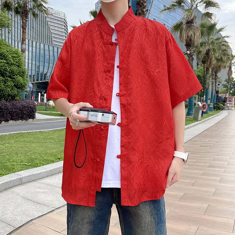 竹叶提花抖音款百搭2025春新中式短袖汉服盘扣衬衫C338P45,男装衬衫,电商A056