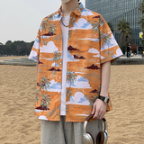 港风短袖衬衫男士丝光棉免烫花衬衣男胖子宽松印花半袖7230P35，男装T恤，电商A056